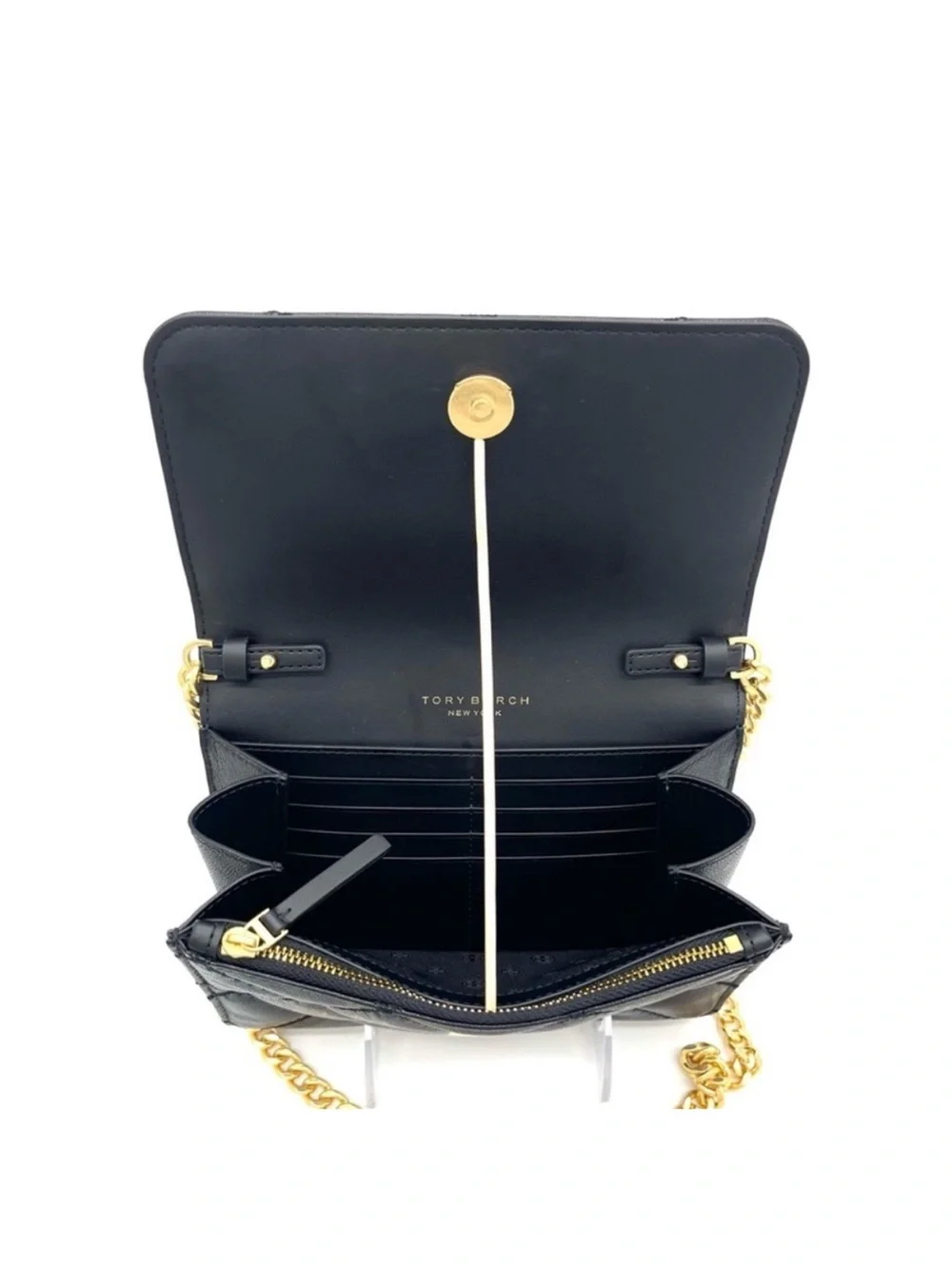 Tory Burch Black Quilted Leather Crossbody with Gold Logo Accent